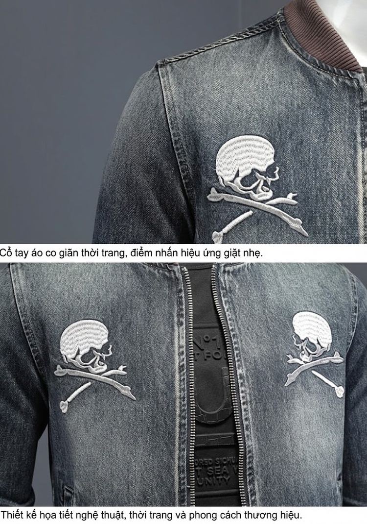 Áo Khoác Jean Nam Cổ Bóng Chày Thêu Đầu Lâu Slim Fit Màu Xanh Jean chi tiết 11
