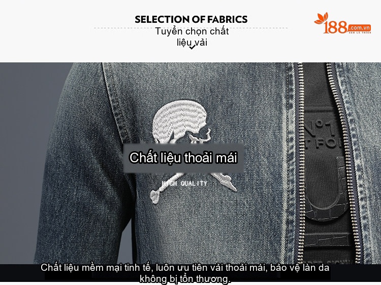 Áo Khoác Jean Nam Cổ Bóng Chày Thêu Đầu Lâu Slim Fit Màu Xanh Jean chi tiết 2