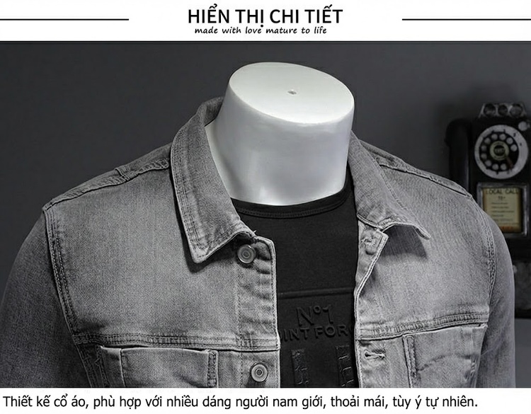 Áo Khoác Jean Nam Co Giãn Màu Xám chi tiết 11