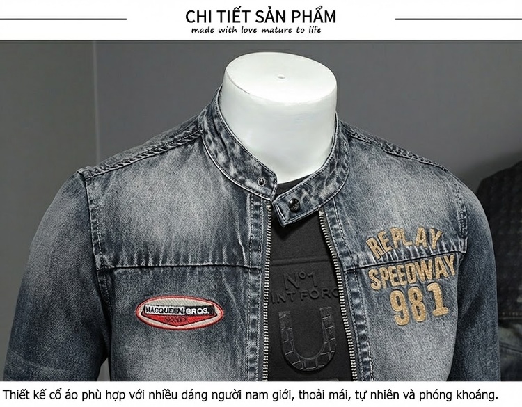 Áo Khoác Jean Nam Cổ Trụ Thêu Hoa Phong Cách Châu Âu chi tiết 8