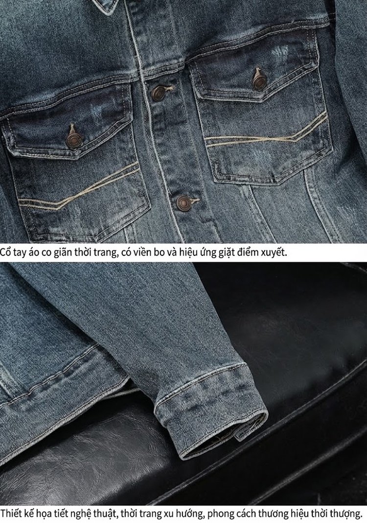 Áo Khoác Jean Nam Dáng Suông Cổ Bẻ Túi Hộp Phong Cách Vintage Màu Xanh Denim chi tiết 11
