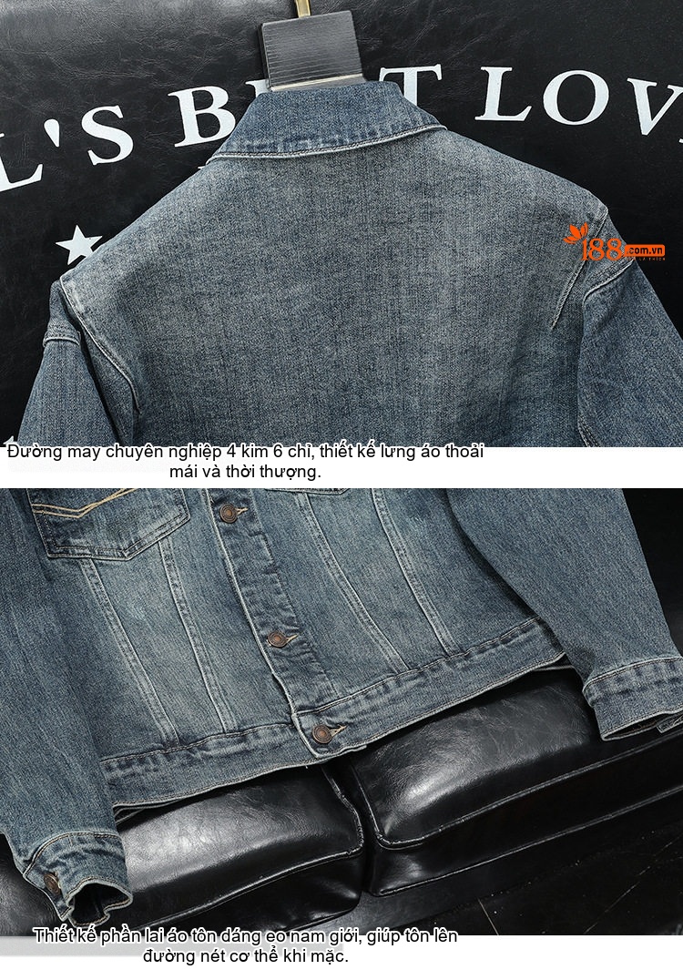 Áo Khoác Jean Nam Dáng Suông Cổ Bẻ Túi Hộp Phong Cách Vintage Màu Xanh Denim chi tiết 12
