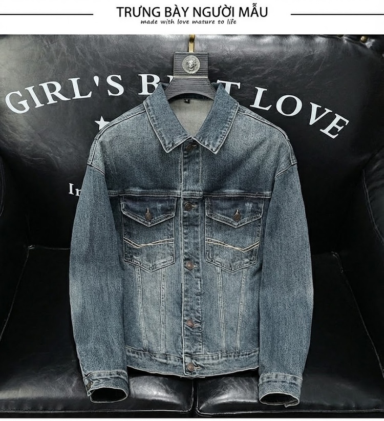 Áo Khoác Jean Nam Dáng Suông Cổ Bẻ Túi Hộp Phong Cách Vintage Màu Xanh Denim chi tiết 6