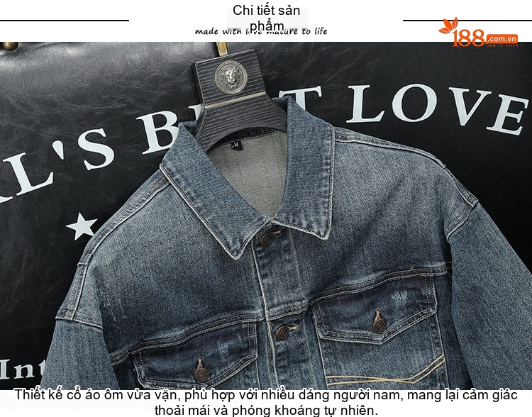 Áo Khoác Jean Nam Dáng Suông Cổ Bẻ Túi Hộp Phong Cách Vintage Màu Xanh Denim chi tiết 10