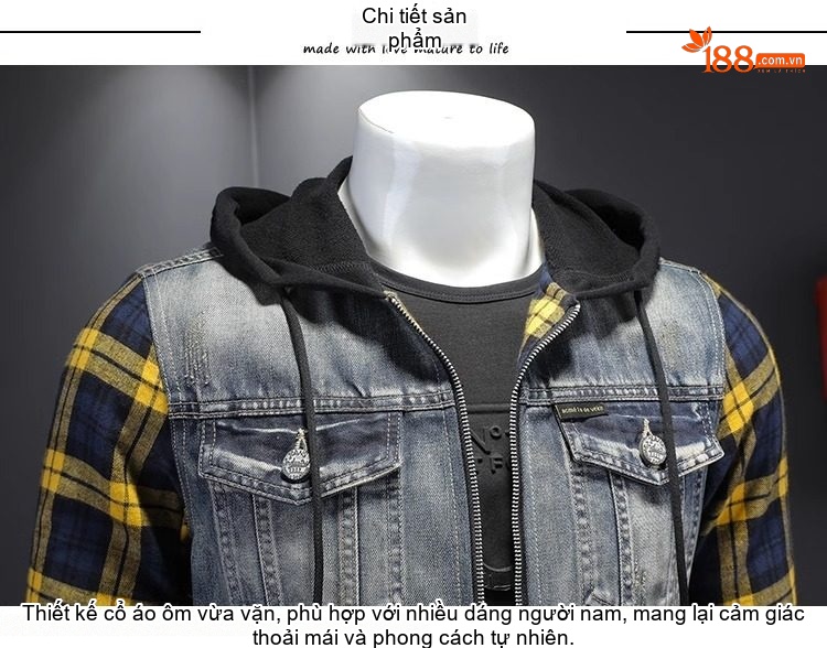 Áo Khoác Jean Nam Hai Lớp Tay Áo Caro Có Mũ Trùm Đầu Phong Cách chi tiết 10