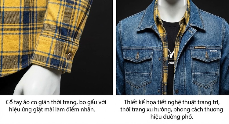 Áo Khoác Jean Nam Hai Lớp Tay Áo Caro Có Mũ Trùm Đầu Phong Cách chi tiết 11