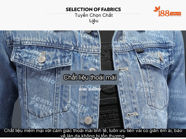 Áo Khoác Jean Nam Slimfit In Họa Tiết Thu Đông Màu Xanh Jean chi tiết 2