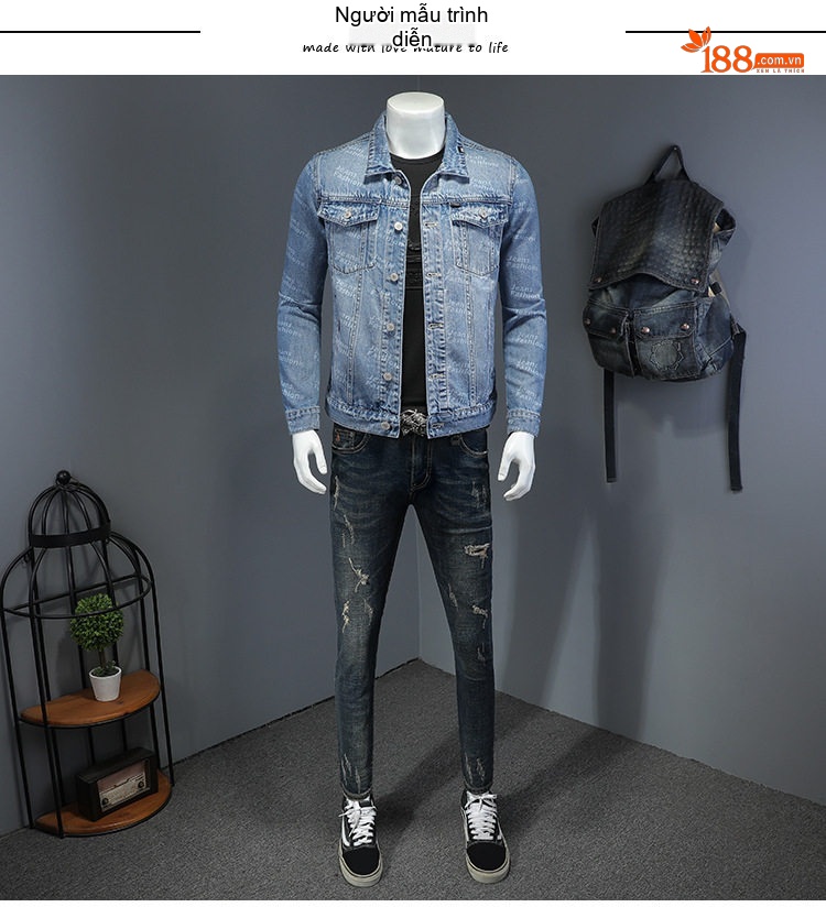 Áo Khoác Jean Nam Slimfit In Họa Tiết Thu Đông Màu Xanh Jean chi tiết 4