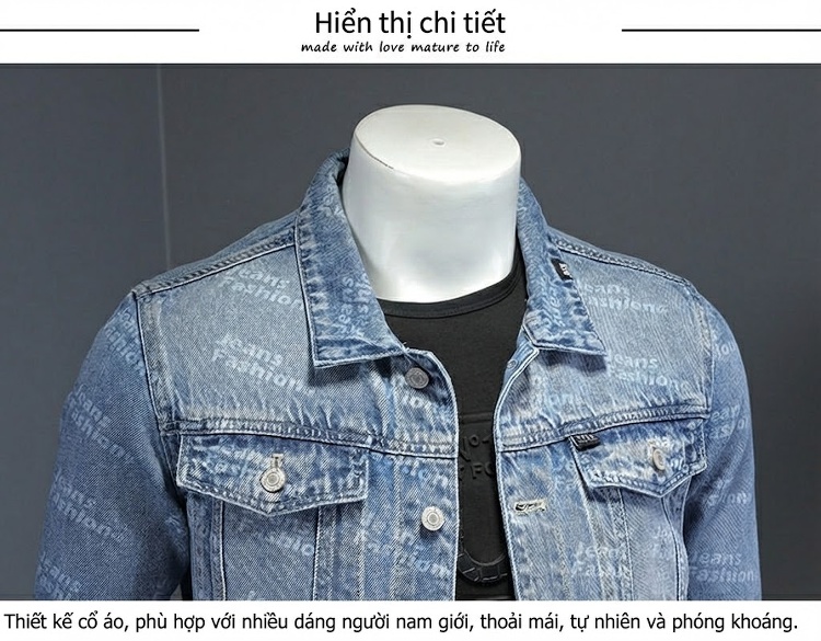 Áo Khoác Jean Nam Slimfit In Họa Tiết Thu Đông Màu Xanh Jean chi tiết 10