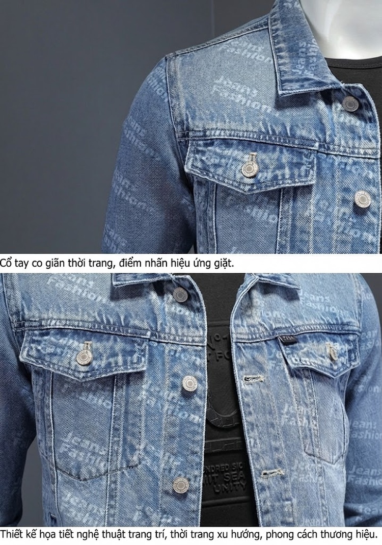 Áo Khoác Jean Nam Slimfit In Họa Tiết Thu Đông Màu Xanh Jean chi tiết 11