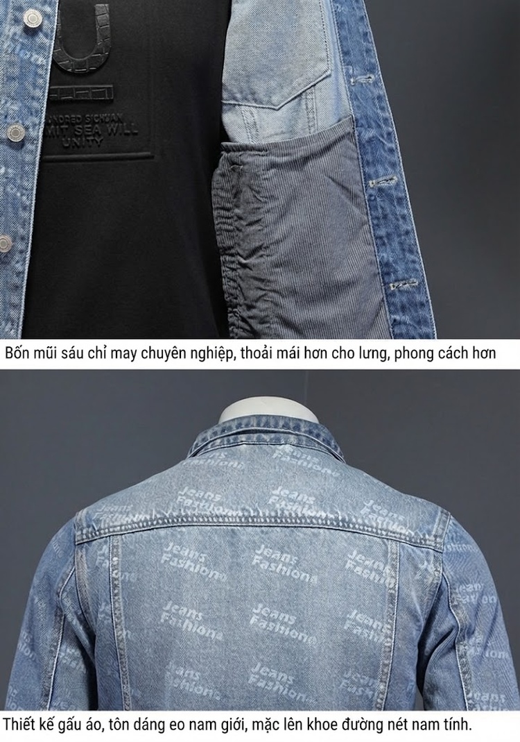 Áo Khoác Jean Nam Slimfit In Họa Tiết Thu Đông Màu Xanh Jean chi tiết 13