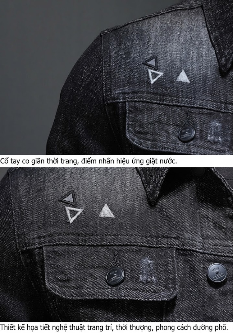 Áo Khoác Jean Nam Thêu Họa Tiết Đen Co Giãn Ôm Dáng chi tiết 12