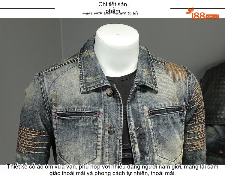 Áo Khoác Jean Nam Thêu Họa Tiết Phong Cách Retro Màu Xanh Dương chi tiết 9