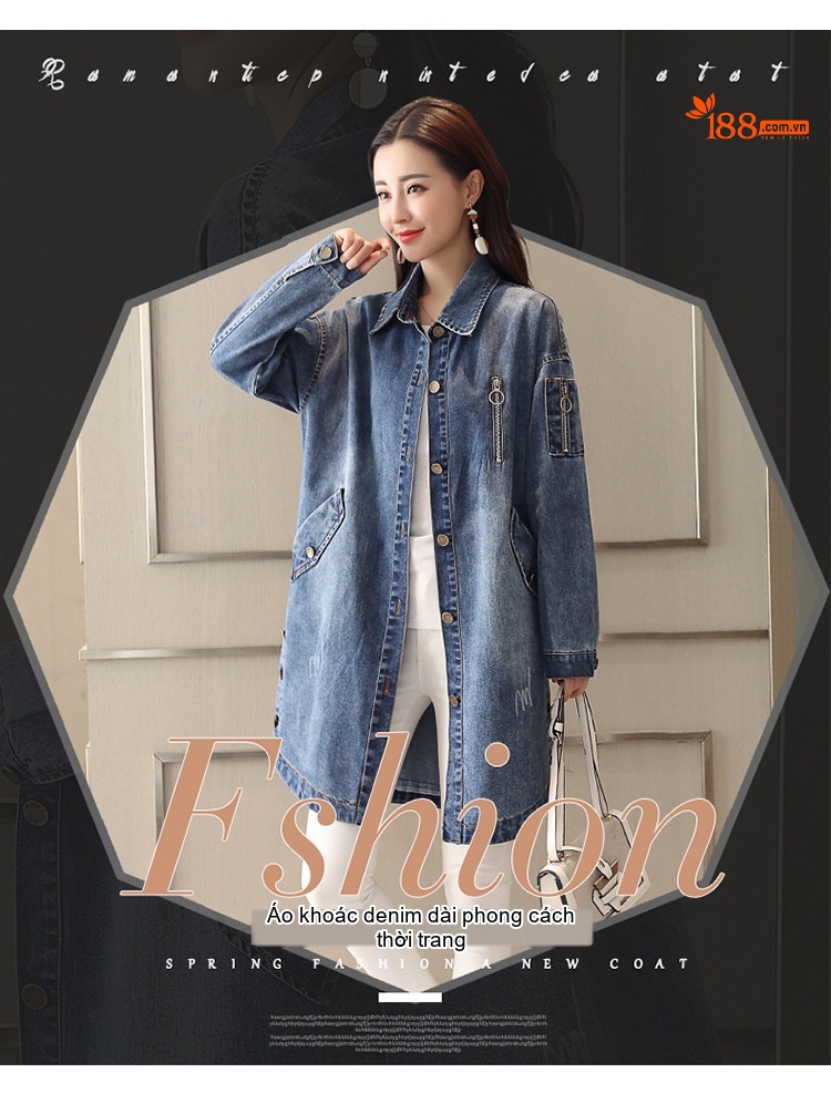 Áo Khoác Jean Nữ Dáng Dài Form Rộng Phong Cách Hàn Quốc Màu Xanh Jean chi tiết 1