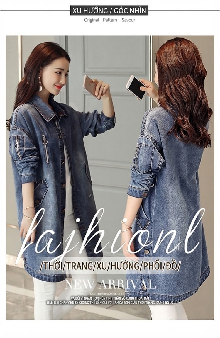 Áo Khoác Jean Nữ Dáng Dài Form Rộng Phong Cách Hàn Quốc Màu Xanh Jean chi tiết 2