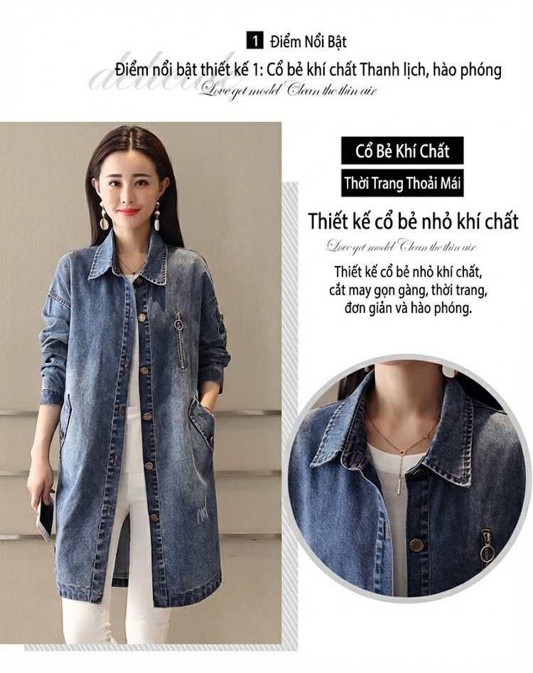 Áo Khoác Jean Nữ Dáng Dài Form Rộng Phong Cách Hàn Quốc Màu Xanh Jean chi tiết 3