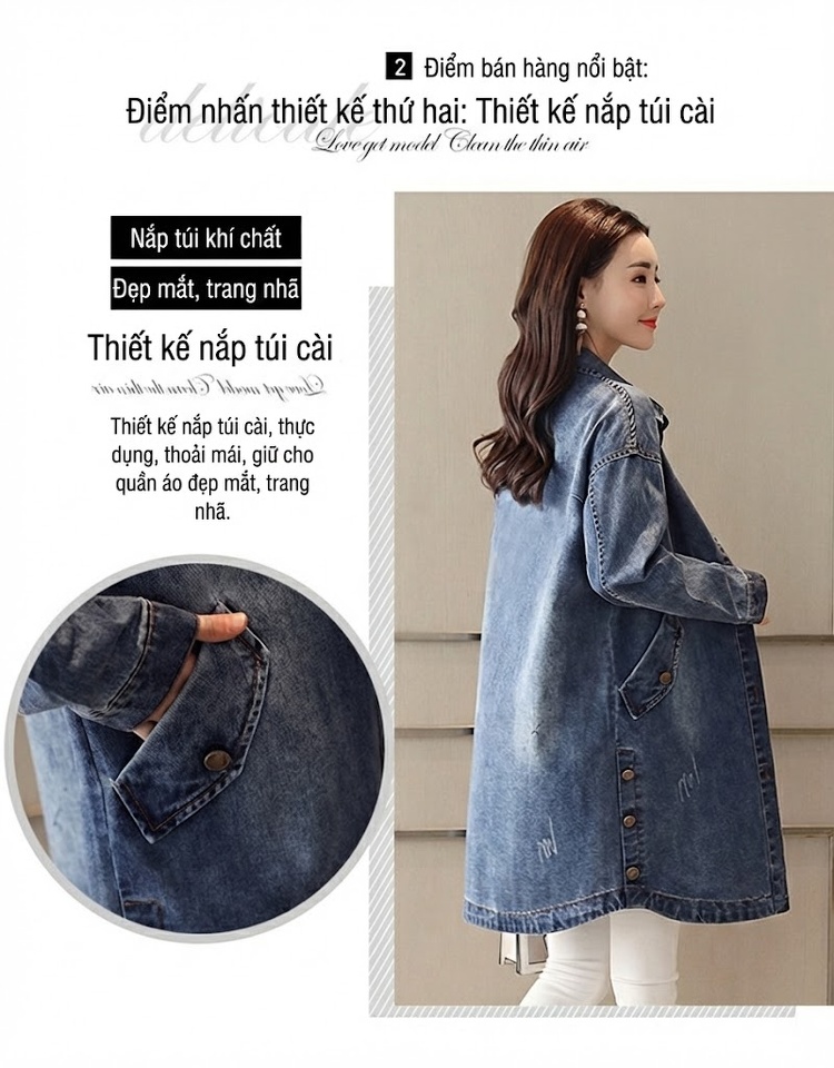 Áo Khoác Jean Nữ Dáng Dài Form Rộng Phong Cách Hàn Quốc Màu Xanh Jean chi tiết 4
