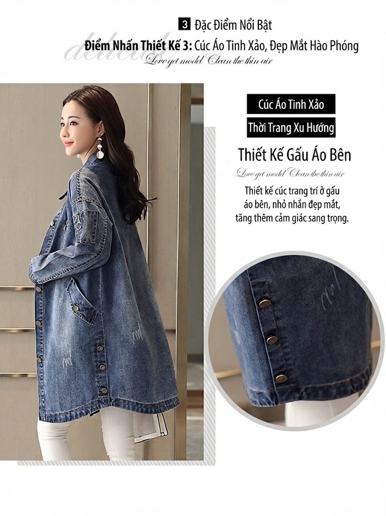 Áo Khoác Jean Nữ Dáng Dài Form Rộng Phong Cách Hàn Quốc Màu Xanh Jean chi tiết 5