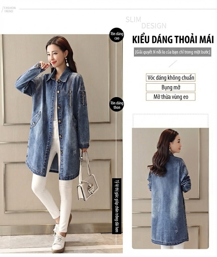 Áo Khoác Jean Nữ Dáng Dài Form Rộng Phong Cách Hàn Quốc Màu Xanh Jean chi tiết 6