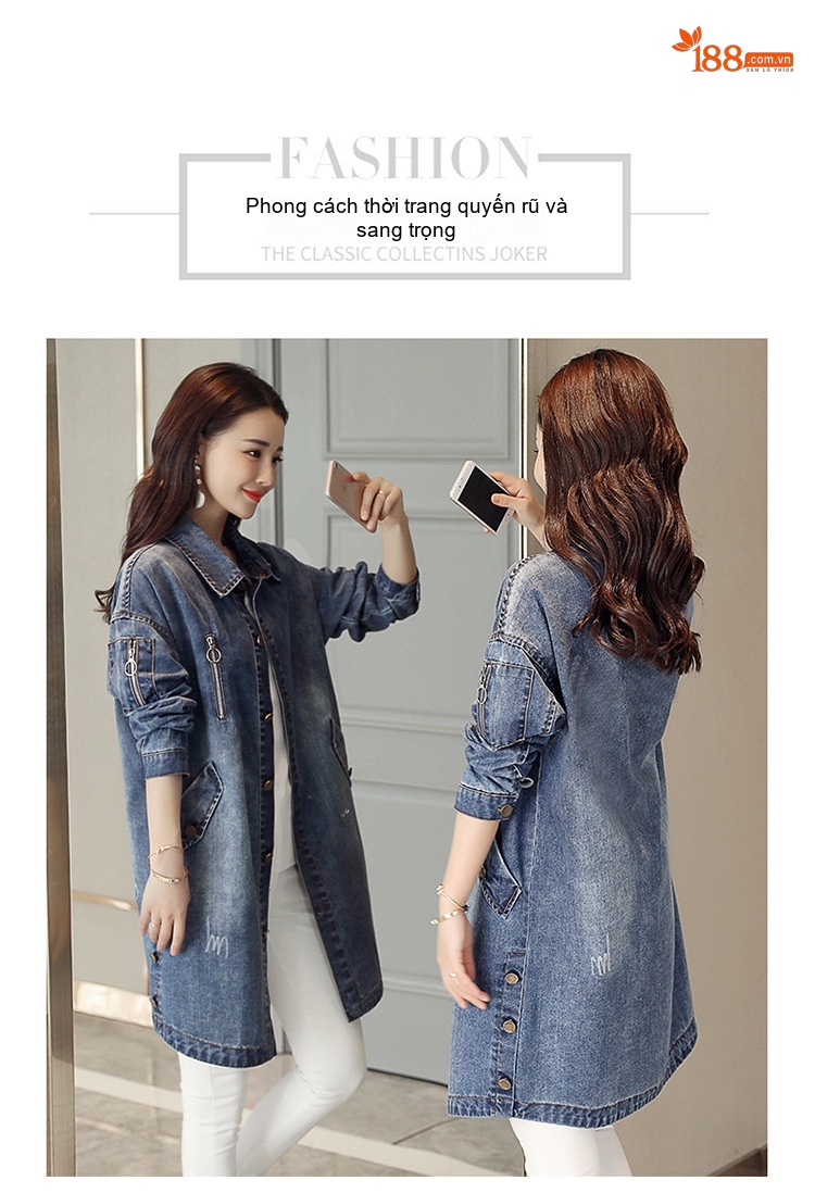 Áo Khoác Jean Nữ Dáng Dài Form Rộng Phong Cách Hàn Quốc Màu Xanh Jean chi tiết 13