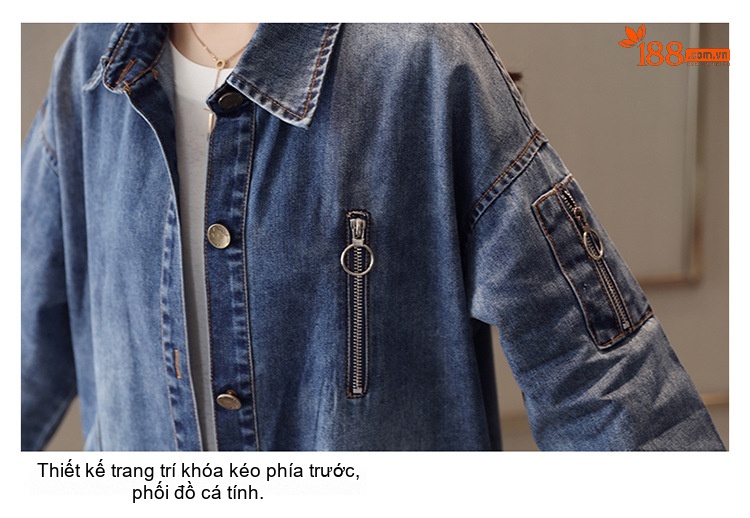 Áo Khoác Jean Nữ Dáng Dài Form Rộng Phong Cách Hàn Quốc Màu Xanh Jean chi tiết 16