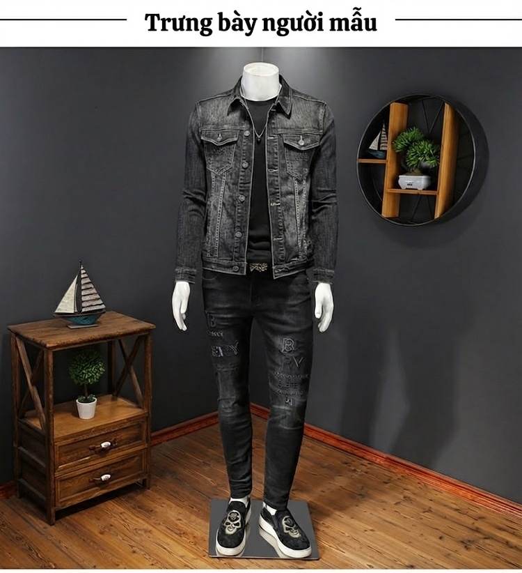 Áo Khoác Jeans Nam Dáng Ôm Co Giãn Màu Đen Xám chi tiết 5
