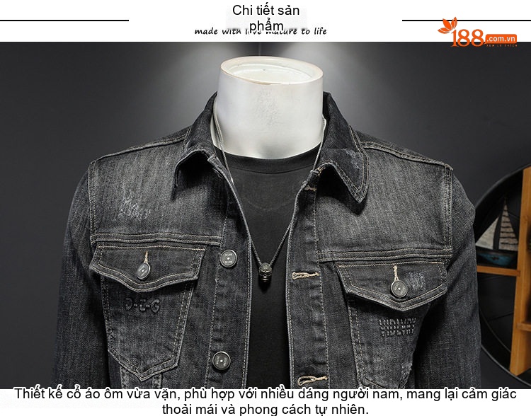 Áo Khoác Jeans Nam Dáng Ôm Co Giãn Màu Đen Xám chi tiết 11