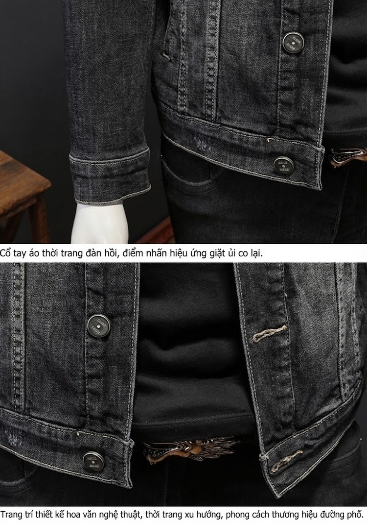 Áo Khoác Jeans Nam Dáng Ôm Co Giãn Màu Đen Xám chi tiết 12