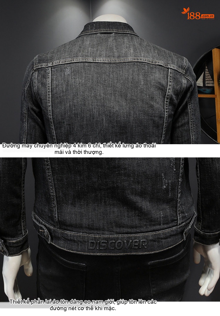 Áo Khoác Jeans Nam Dáng Ôm Co Giãn Màu Đen Xám chi tiết 13
