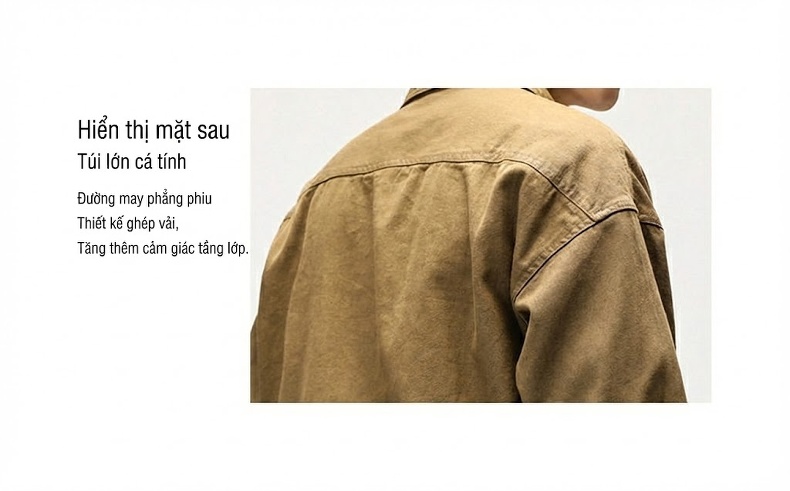 Áo Khoác Kiểu Sơ Mi Nam Cotton Dáng Rộng Phong Cách Nhật Bản Tay Dài Màu Xanh Rêu, Nâu, Trắng, Đen chi tiết 6