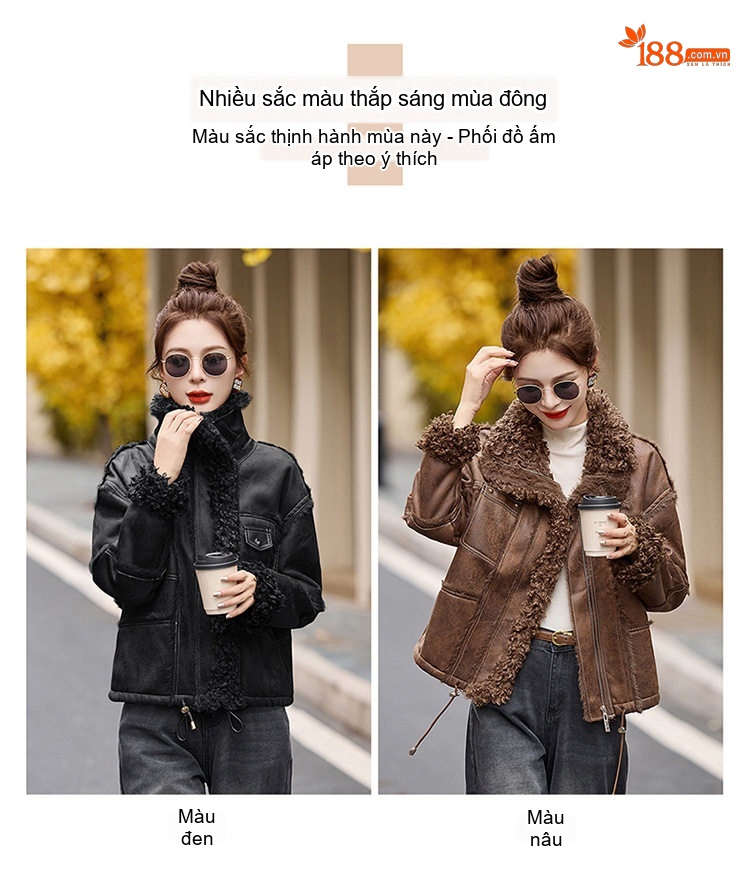 Áo Khoác Lông Cổ Bẻ Nữ Da Mờ Phong Cách Tiểu Thư Màu Nâu, Đen chi tiết 3