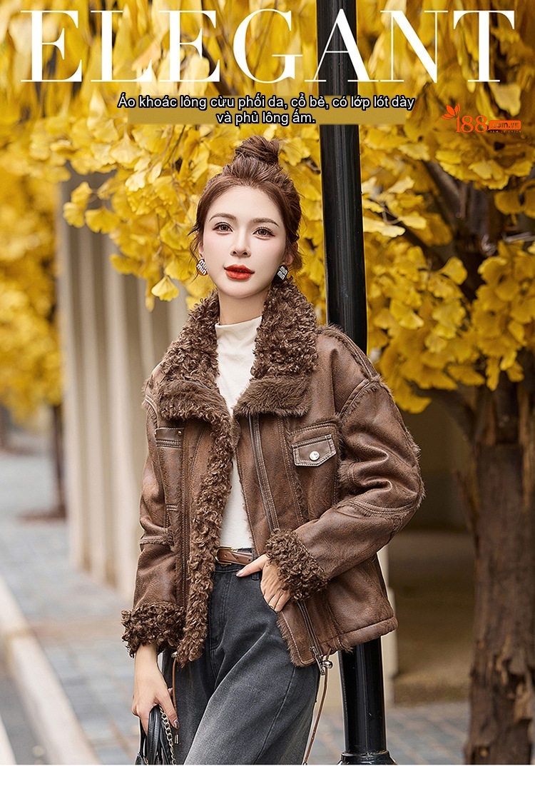 Áo Khoác Lông Cổ Bẻ Nữ Da Mờ Phong Cách Tiểu Thư Màu Nâu, Đen chi tiết 4