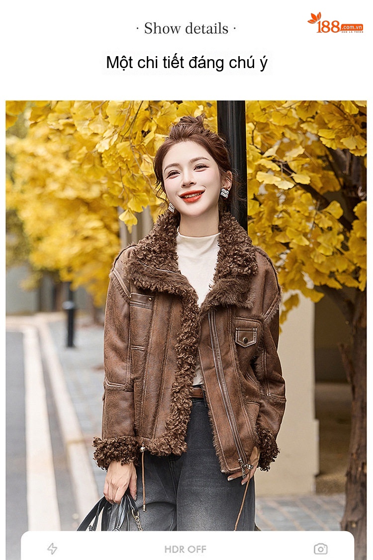 Áo Khoác Lông Cổ Bẻ Nữ Da Mờ Phong Cách Tiểu Thư Màu Nâu, Đen chi tiết 9