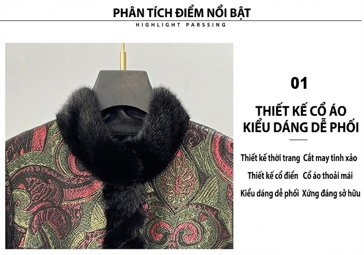 Áo Khoác Lông Cừu Cổ Lông Chồn Dáng Dài Trung Niên Mùa Đông Màu Vàng, Đỏ, Xanh, Đen chi tiết 3