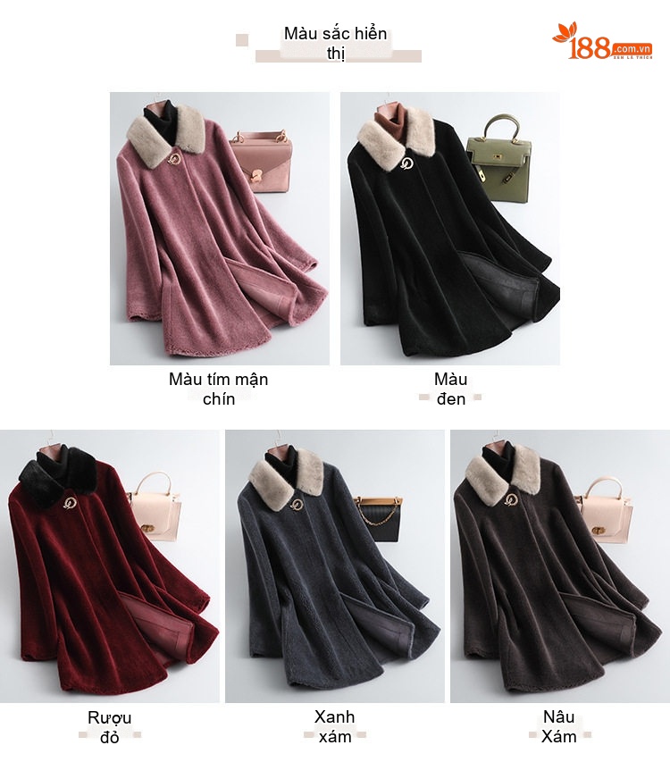 Áo Khoác Lông Cừu Dáng Dài Cổ Lông Chồn Cho Mẹ Trung Niên Màu Đỏ, Đen, Hồng, Nâu chi tiết 4