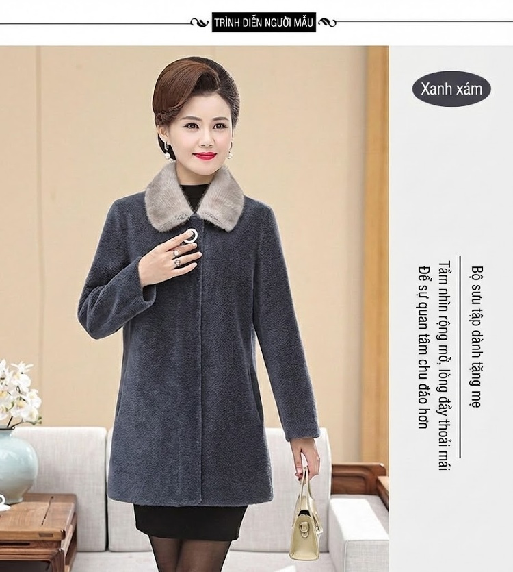 Áo Khoác Lông Cừu Dáng Dài Cổ Lông Chồn Cho Mẹ Trung Niên Màu Đỏ, Đen, Hồng, Nâu chi tiết 17