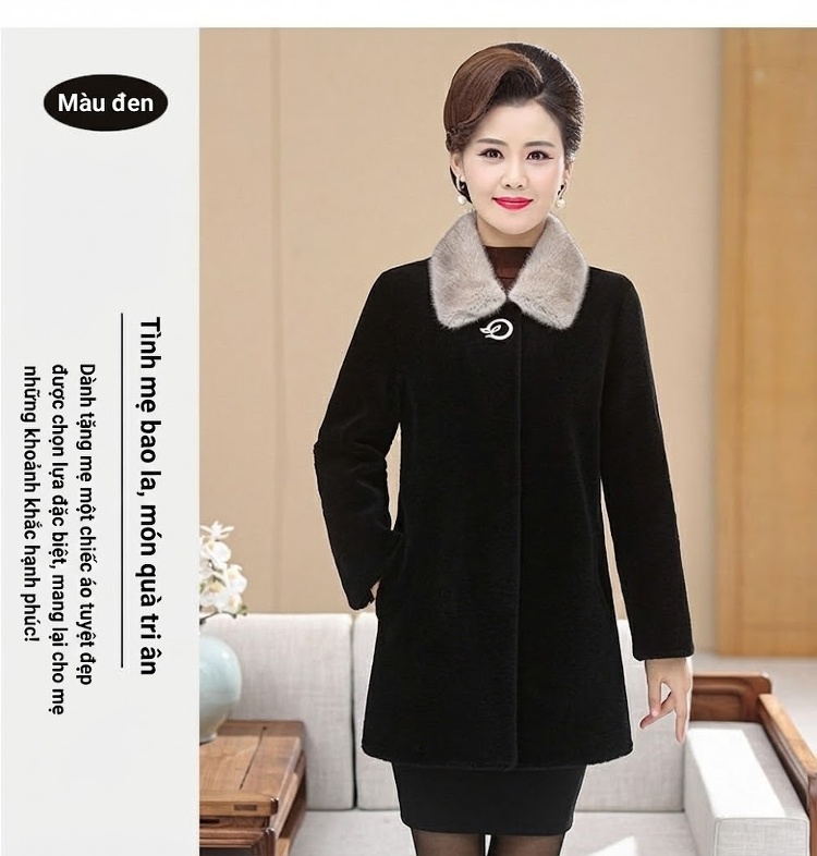 Áo Khoác Lông Cừu Dáng Dài Cổ Lông Chồn Cho Mẹ Trung Niên Màu Đỏ, Đen, Hồng, Nâu chi tiết 21