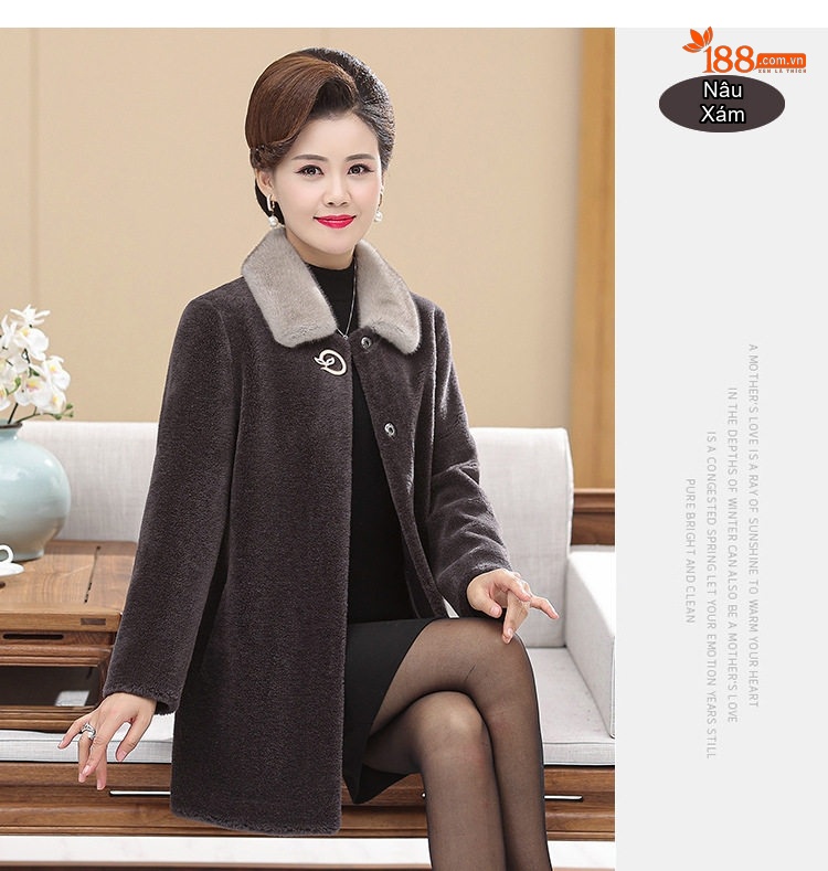 Áo Khoác Lông Cừu Dáng Dài Cổ Lông Chồn Cho Mẹ Trung Niên Màu Đỏ, Đen, Hồng, Nâu chi tiết 25
