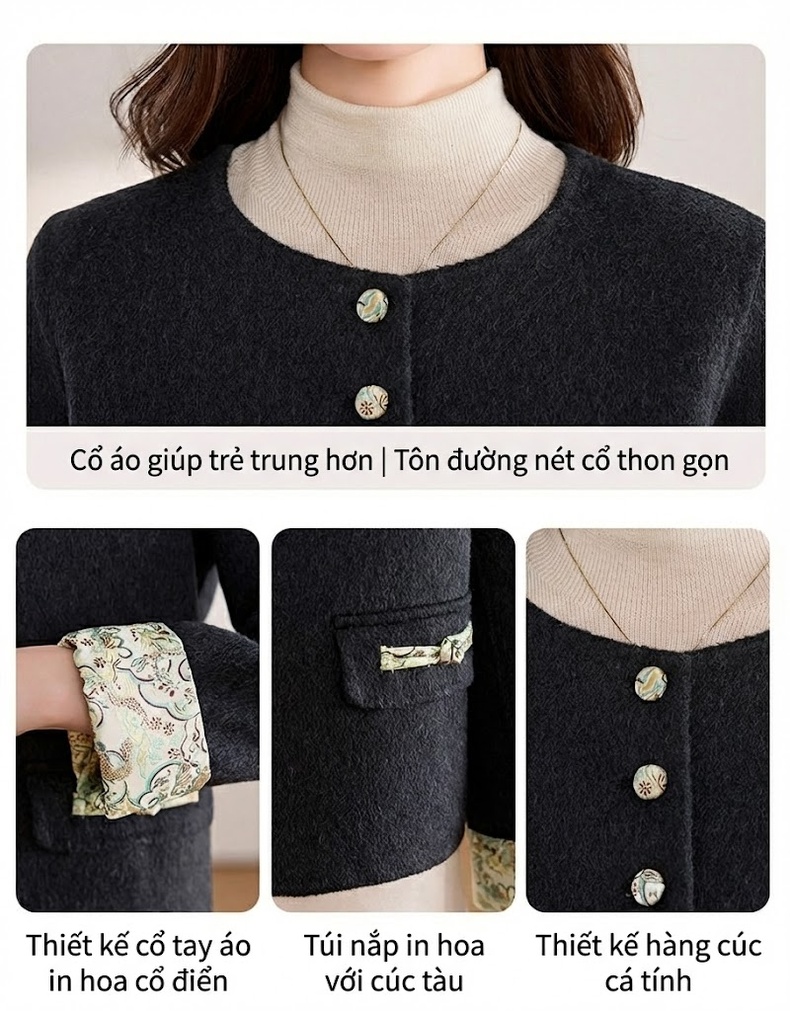 Áo Khoác Lông Cừu Ép Hai Mặt Cổ Tròn Tay Lỡ Dáng Ngắn Màu Đen, Kem chi tiết 10