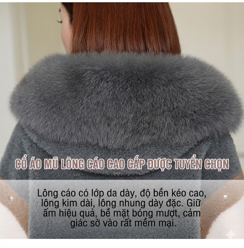 Áo khoác lông cừu liền da cừu dáng ngắn cổ lông cáo có mũ chi tiết 5