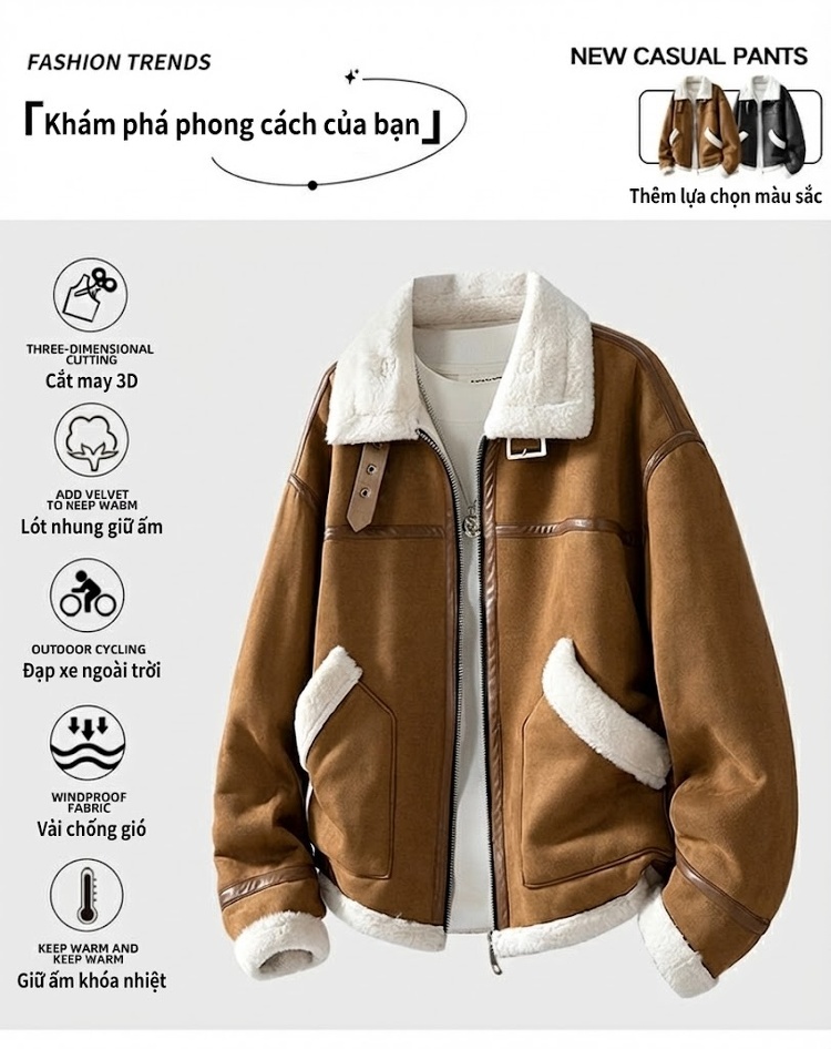 Áo Khoác Lông Cừu Non Cotton Dày Dặn Cổ Bẻ Nam Nữ Màu Nâu, Đen chi tiết 1