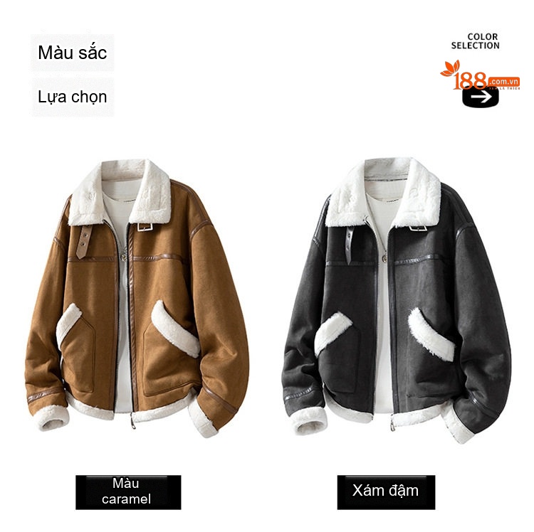 Áo Khoác Lông Cừu Non Cotton Dày Dặn Cổ Bẻ Nam Nữ Màu Nâu, Đen chi tiết 5