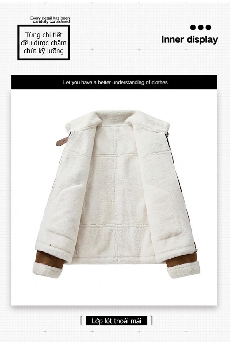 Áo Khoác Lông Cừu Non Cotton Dày Dặn Cổ Bẻ Nam Nữ Màu Nâu, Đen chi tiết 8