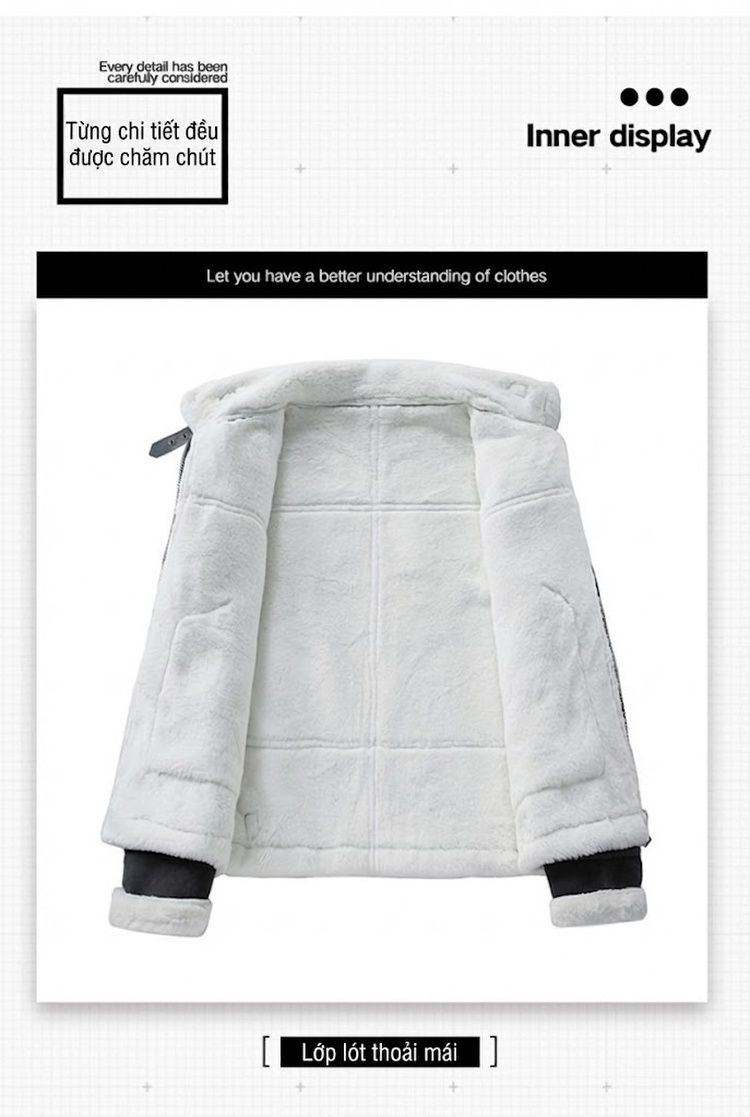 Áo Khoác Lông Cừu Non Cotton Dày Dặn Cổ Bẻ Nam Nữ Màu Nâu, Đen chi tiết 9