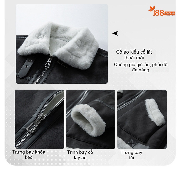 Áo Khoác Lông Cừu Non Cotton Dày Dặn Cổ Bẻ Nam Nữ Màu Nâu, Đen chi tiết 3