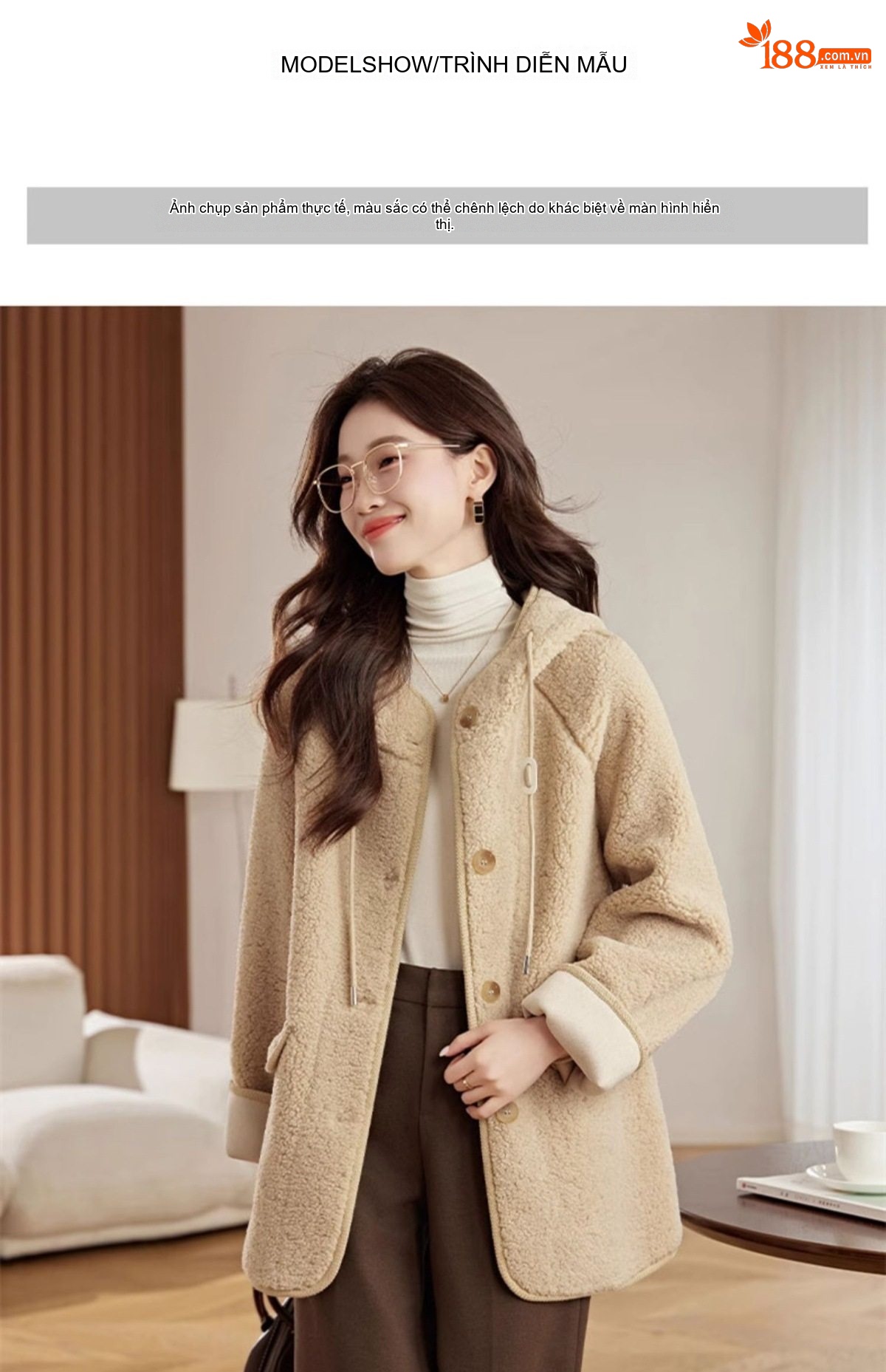 Áo Khoác Lông Cừu Non Dáng Ngắn Phong Cách Tiểu Thư Màu Be, Đen chi tiết 7