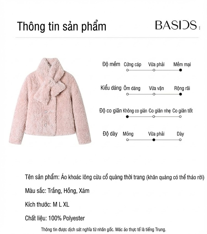 Áo Khoác Lông Cừu Non Kiểu Ngắn Cổ Nơ Màu Trắng, Hồng, Kem chi tiết 12