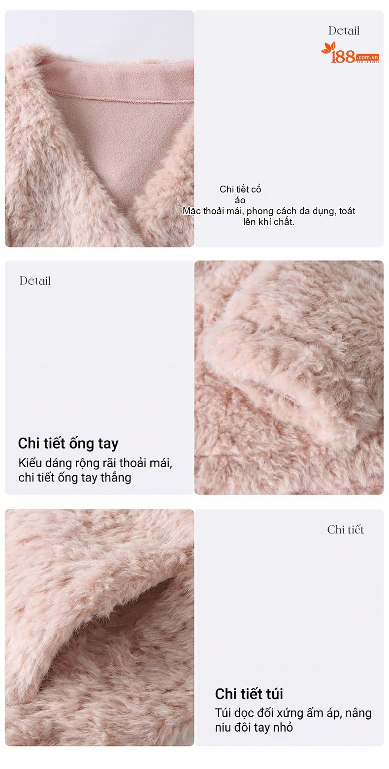 Áo Khoác Lông Cừu Non Kiểu Ngắn Cổ Nơ Màu Trắng, Hồng, Kem chi tiết 8