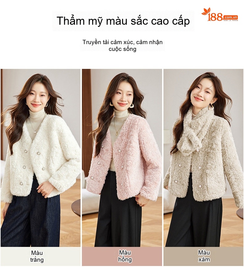 Áo Khoác Lông Cừu Non Kiểu Ngắn Cổ Nơ Màu Trắng, Hồng, Kem chi tiết 4