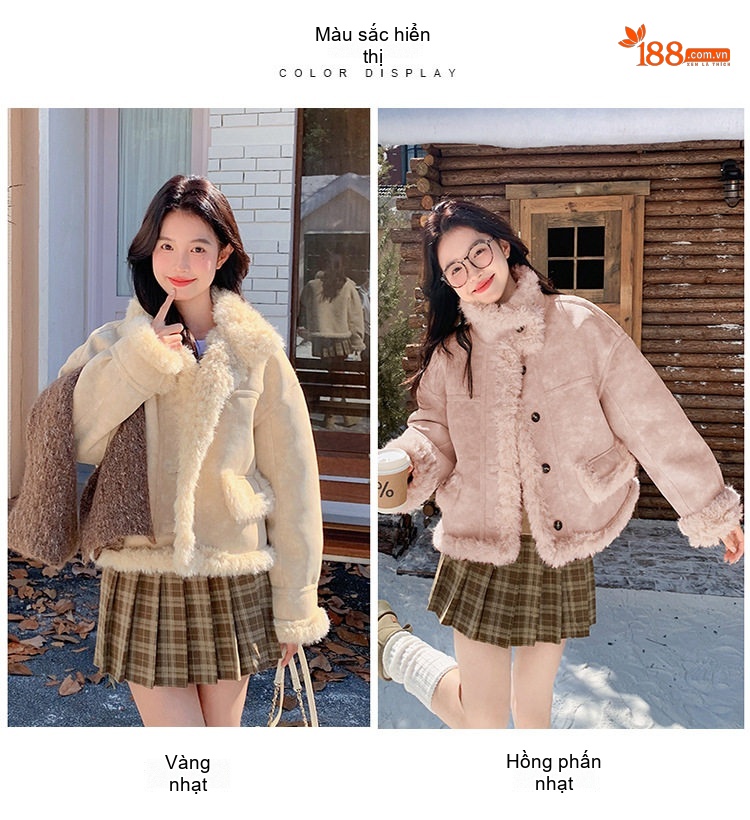 Áo Khoác Lông Cừu Non Lót Lông Kiểu Bomber Nữ Chất Giả Da Lộn Màu Kem, Hồng chi tiết 10